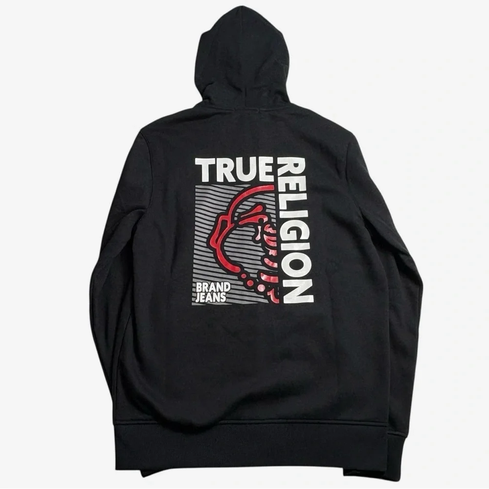 NWT True Religion Full Zip Buddha Hoodie Size M Logo Jet Black MSRP $119